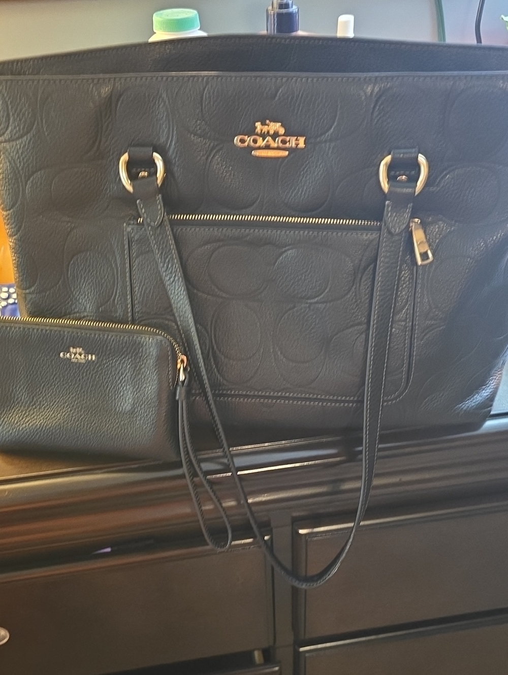 Coach Black Embossed Signature Leather Tote with Matching Wristlet